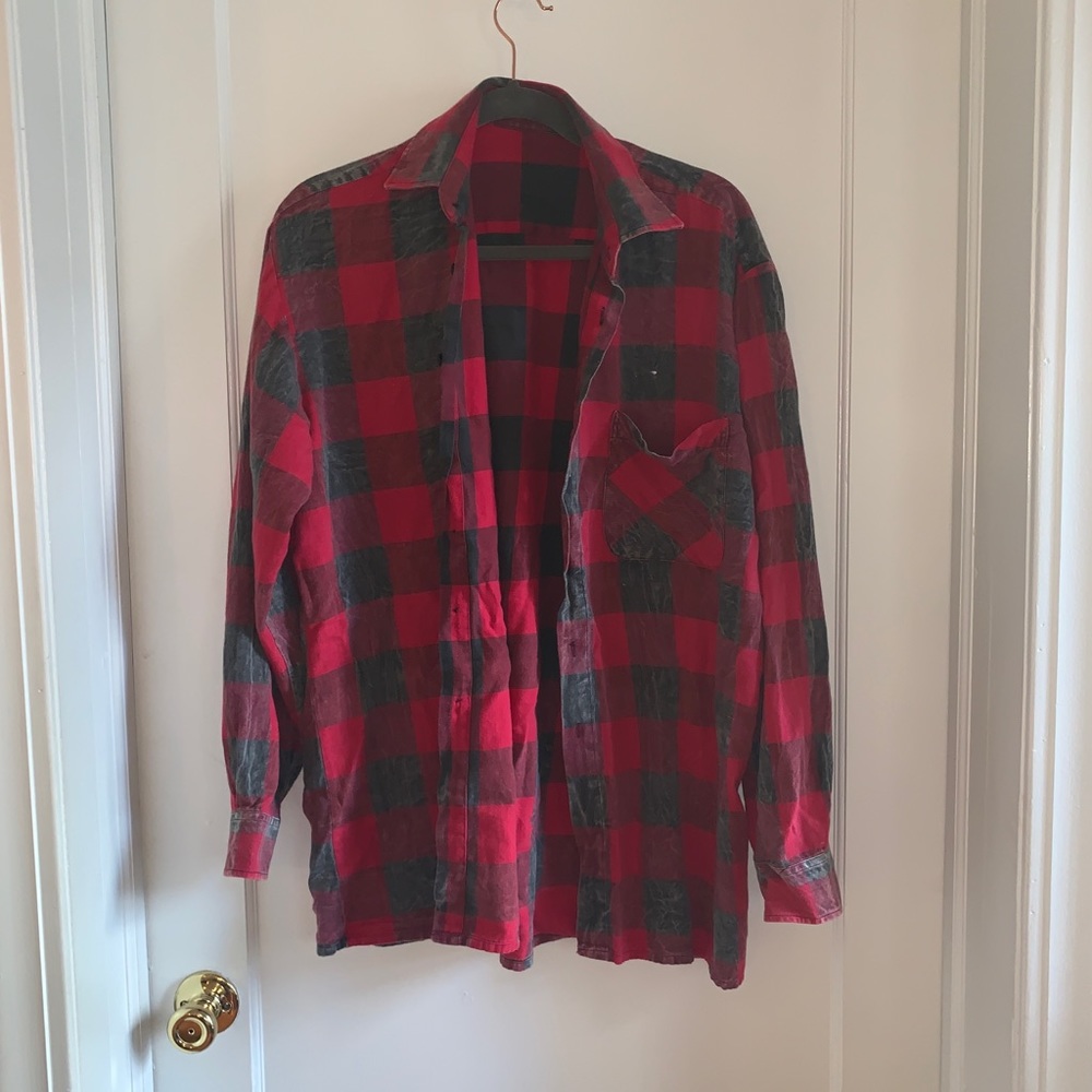 Vintage Red Black Plaid Oversized Button Down